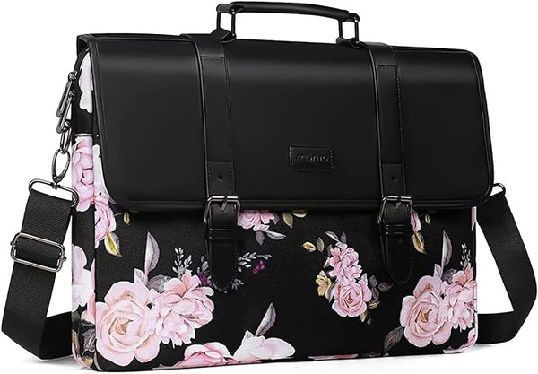 MOSISO Laptop Shoulder Bag Compatible with MacBook Pro 16 inch 2023-2019 M2 A2780 M1 A2485 A2141/Pro 15 A1398,15-15.6 inch Notebook,Peony Polyester&PU Leather Flapover Briefcase Sleeve with Belt,Black