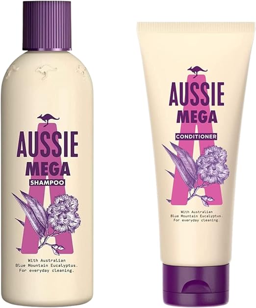 Ceces Home & Garden Mega Aussie Shampoo and Conditioner Bundle with 1x Mighty Mega Shampoo 300ml, Conditioner 250ml Curved Wooden Hair Comb