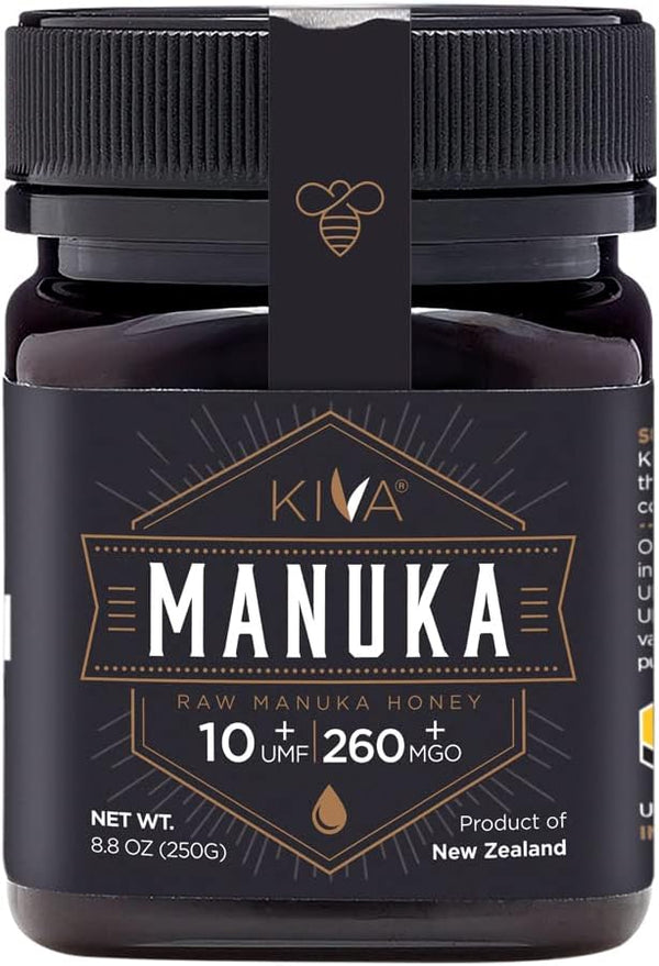 Kiva Raw Manuka Honey, Certified UMF 10+ | MGO 263+ | 100% Pure Genuine New Zealand (8.8 oz/250g Bottle) | Non-GMO | No Antibiotics | Traceable | UMF & MGO Certified