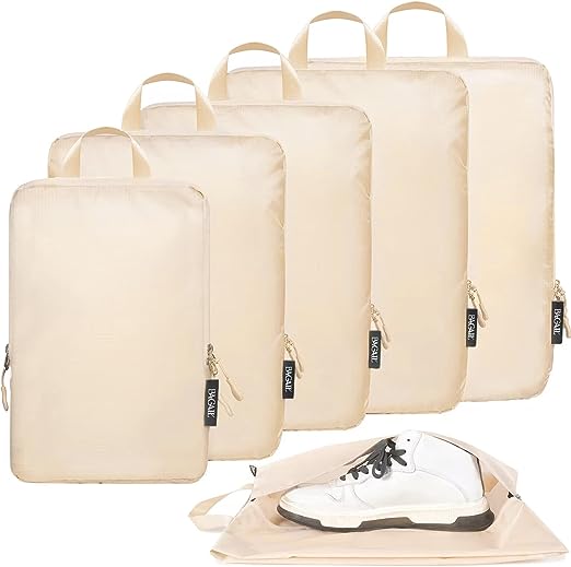 BAGAIL 6 Set Ultralight Compression Packing Cubes Packing Organizer with Shoe Bag for Travel Accessories Luggage suitcase backpack(70D,Beige