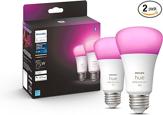 Philips Hue 75W A19 White and Color Ambiance LED Smart Color Changing Bulbs - Pack of 2 - E26 - Indoor - Control with Hue App - Works with Alexa, Google Assistant and Apple HomeKit