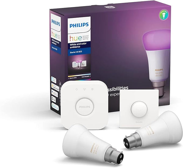 PHILIPS hue White and Colour Ambiance Kit: Smart LED Bulb - Pack of 2 with Button and Bridge