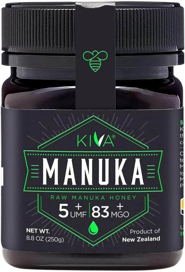 Kiva Raw Manuka Honey, Certified UMF 5+ | MGO 83+ | 100% Pure Genuine New Zealand (8.8 oz/250g Bottle) | Non-GMO | No Antibiotics | Traceabl