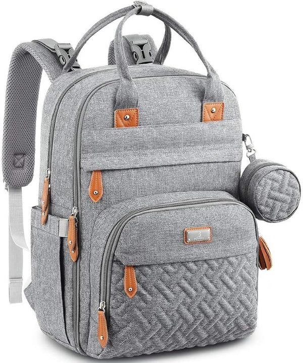 Baby Changing Bag Backpack, BabbleRoo Nappy Changing Back Pack Diaper Bags with Changing Mat & Pacifier Holder for Mom & Dad (Light Grey)