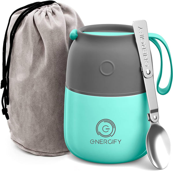 ENERGIFY Vacuum Insulated Food Jar. 17oz Thermos Includes Folding Spoon and Cup. Hot & Cold Drinks, Lunch Container For Kids and Adults. Mad