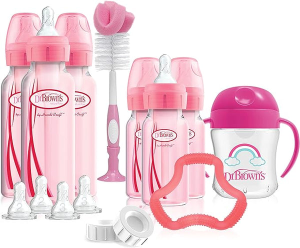 Dr. Brown's Options+ First Year Anti-Colic Bottle Gift Set with Sippy Cup, Baby Bottle Brush and Teether - Pink