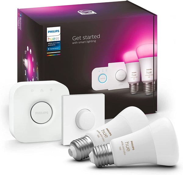 Philips Hue NEW White and Colour Ambiance Smart Light Bulb Starter Kit, 75W - 1100 Lumen [E27 Edison Screw] 2 Bulbs + Smart Button. With Bluetooth. Works with Alexa, Google Assistant and Apple Homekit