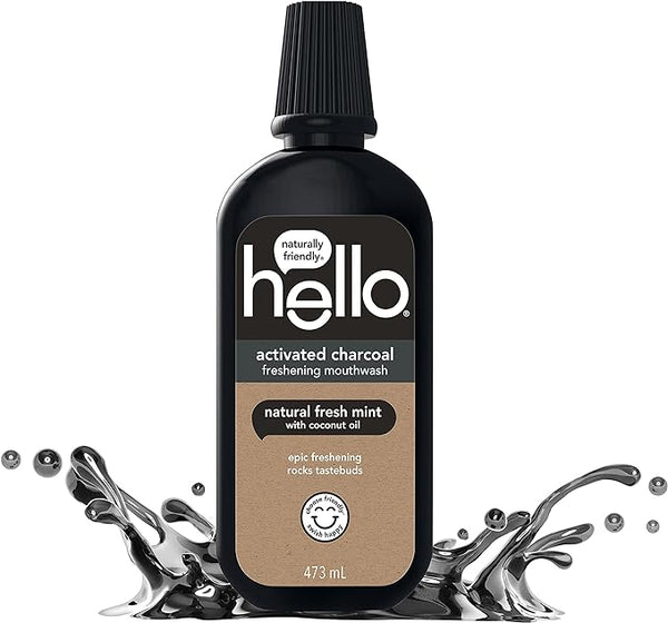 Hello Activated Charcoal Epic Freshening Mouthwash, Fluoride-Free Mouthwash with Natural Fresh Mint and Coconut Oil, Vegan, 473 ml