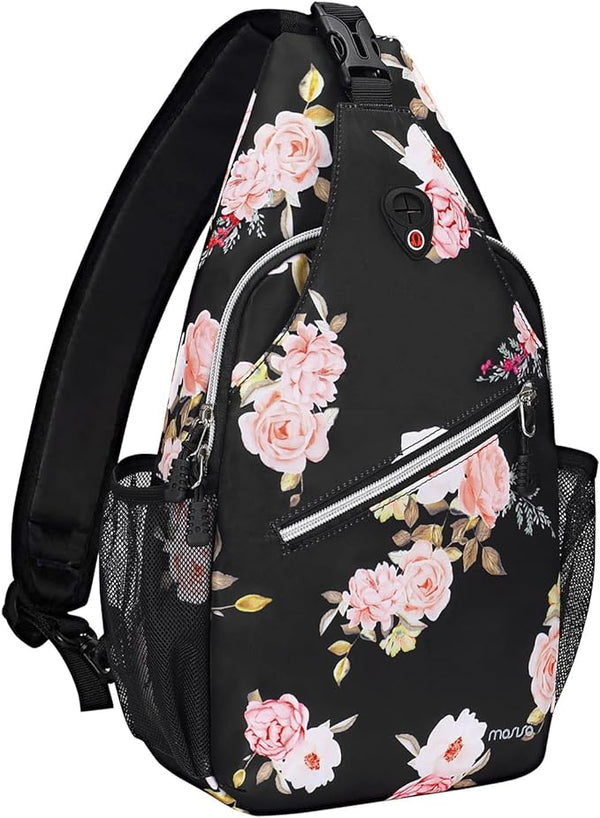 MOSISO Sling Backpack, Multipurpose Travel Hiking Daypack Peony Rope Crossbody Shoulder Bag, Black