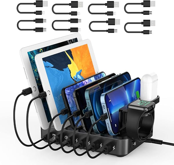 ockered Charging Station for Multiple Devices with 6 USB Fast Ports and 8 Short Mixed Cables