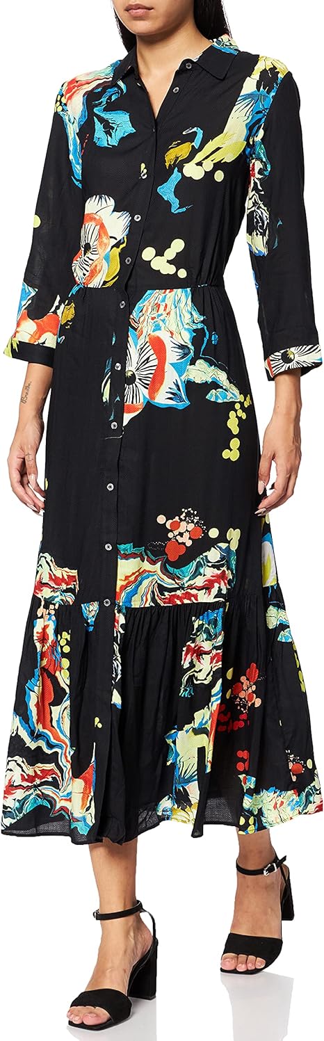 Desigual Women's Woven Dress 3/4 Sleeve, Black, XL