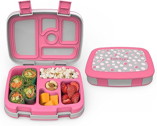 Bentgo Kids Prints (Pink Dots) - Leak-Proof, 5-Compartment Bento-Style Kids Lunch Box - Ideal Portion Sizes for Ages 3 to 7 - BPA-Free and Food-Safe Materials