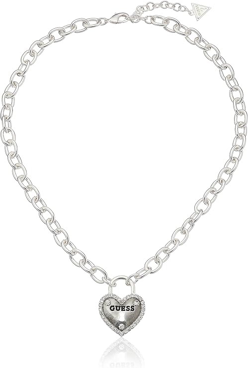 GUESS "Basic" Silver Framed Heart Logo Pendant Necklace, 18" + 2" Extender, One Size, Metal