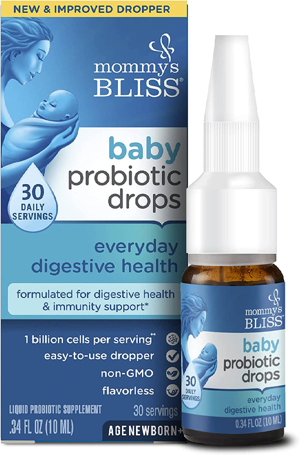 Mommy's Bliss Baby Probiotic Drops كل يوم - الغازات والإمساك وتخفيف أعراض المغص - حديثي الولادة فما فوق - طبيعي، بدون نكهة، 0.34 أونصة سائلة 