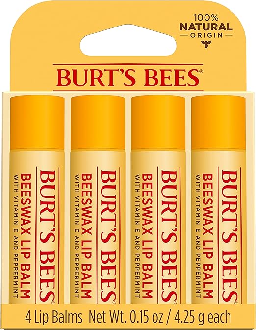 Burts Bees 100% Natural Lip Balm, Beeswax, 0.15 oz, 4 Count